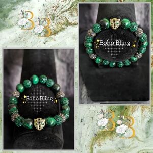Boho Bling Emerald Tiger's Eye & Gold Jaguar Head Bracelet.
